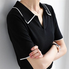 2025夏季薄款冰丝针织T恤女翻领短袖宽松纯色大码凉感polo上衣，女装T恤，朝辰羊绒