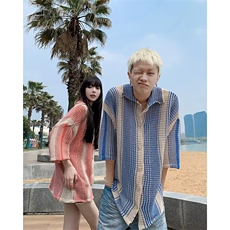 格纹肌理条纹痞帅花衬衫男士宽松休闲短袖衬衣CB6016，男装衬衫，星座1116A-1（原606A）