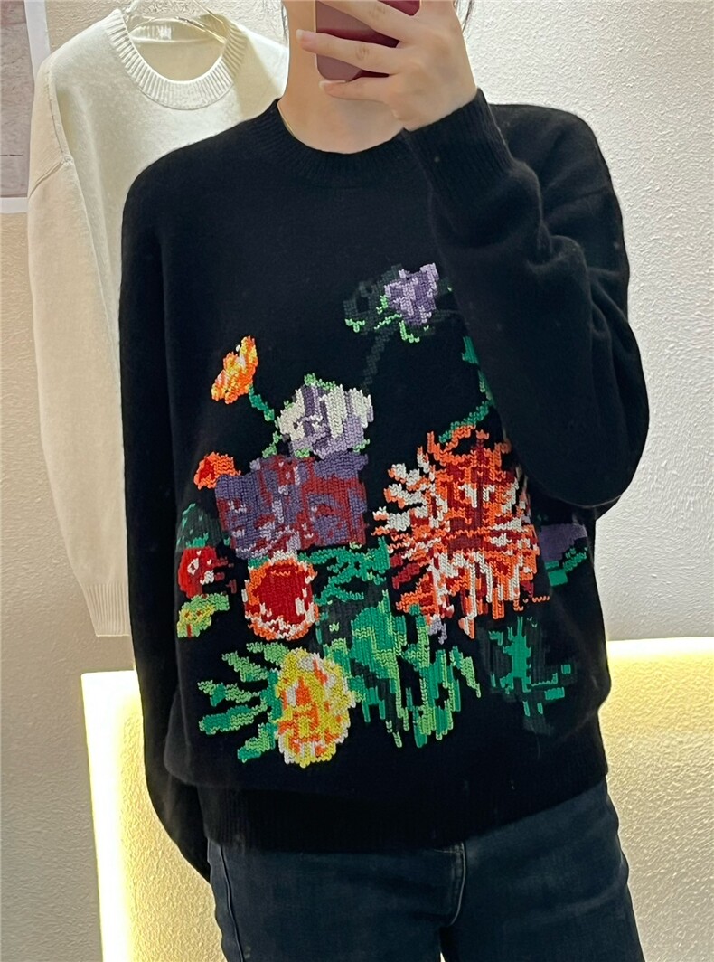 冬季新款山羊绒时尚软糯撞色牡丹花花朵刺绣针织衫女,女装羊绒衫,大千羊绒