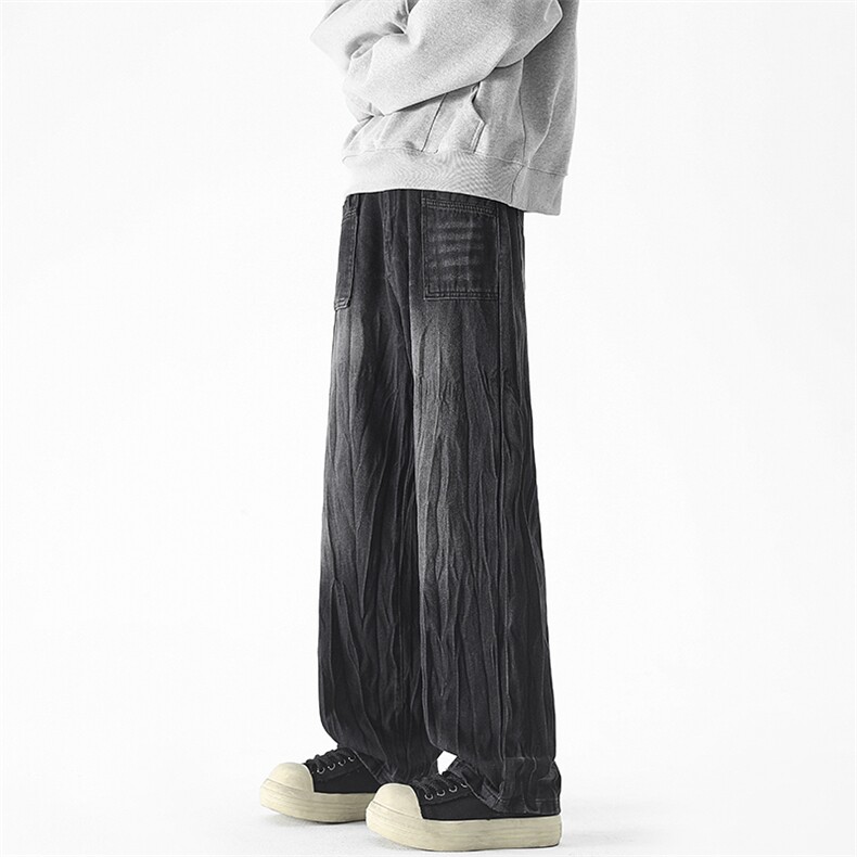 现货秋冬美式黑色渐变裤子男竹节纹直筒牛仔裤女控68，男装牛仔裤，星座205-5