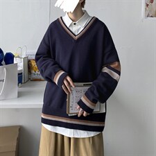 秋冬新款 港风撞色V领毛衣男女同款情侣日系套头针织衫  W08/P65图片