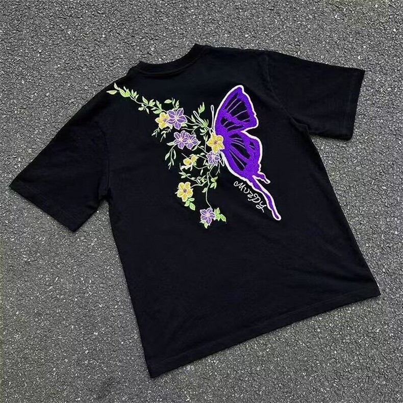 【有货】DAC61-特P33夏季美式花卉蝴蝶刺绣短袖情侣款宽松半袖,男装T恤,星座603-2