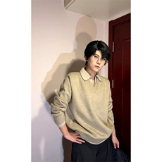 重磅北极绒假两件衬衫领毛衣美式高街复古休闲慵懒纯色翻领针织衫，男装针织衫/毛衣，电商A486-1