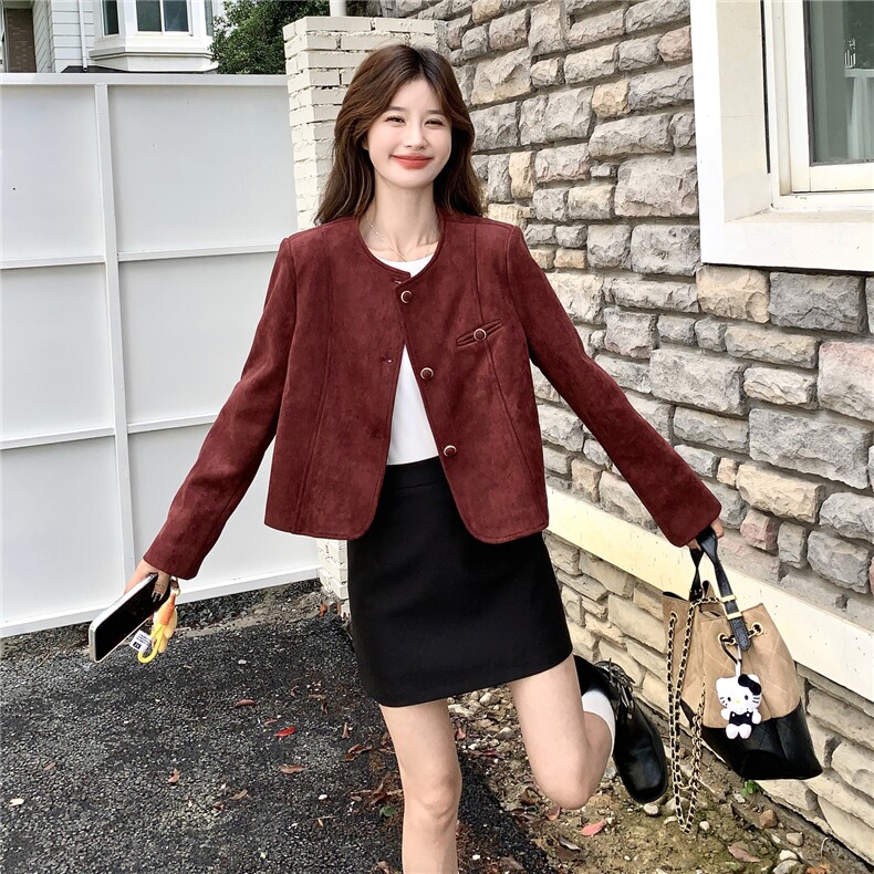 时髦复古感圆领麂皮绒外套女2025秋季小个子气质显白短款百搭外套,女装短外套,2C273