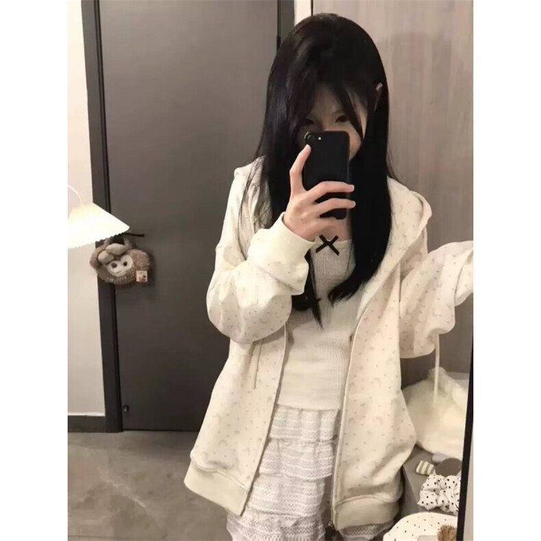碎花连帽卫衣女春秋冬薄款宽松慵懒风小个子拉链开衫外搭上衣外套,男装卫衣,星座506A