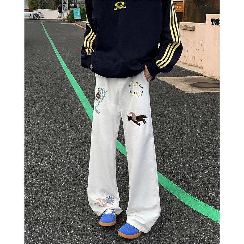 美式高街vibe风裤子欧美痞帅刺绣印花高级感牛仔裤cleanfit直筒裤图片