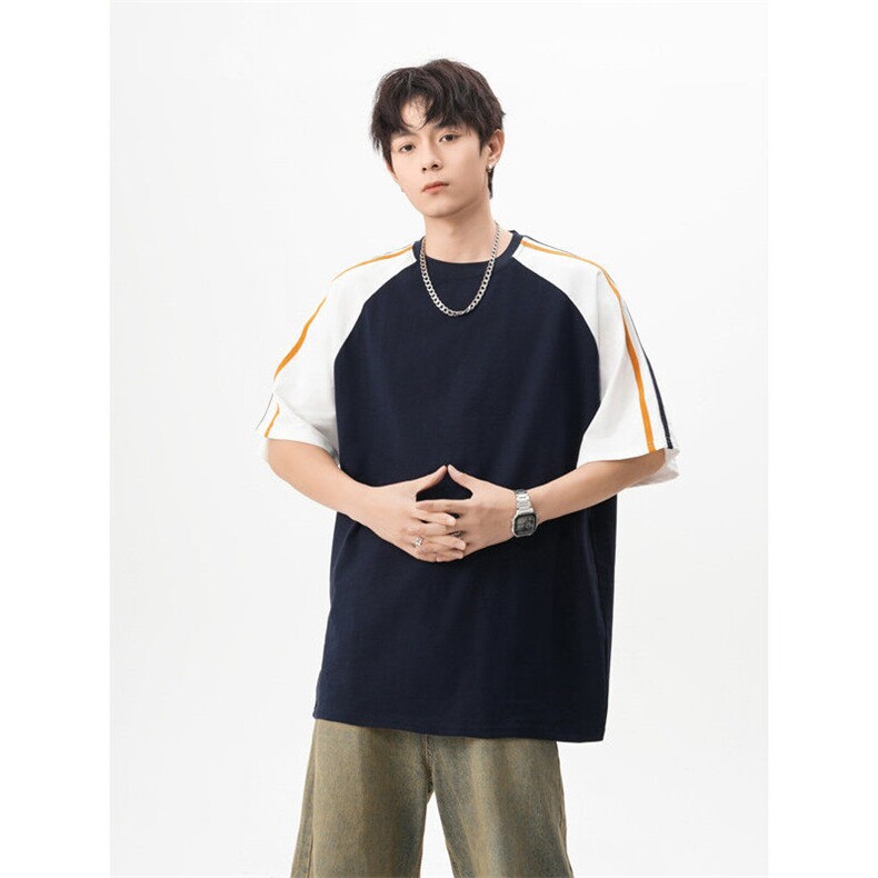 纯棉夏季新款港风日系拼色拼接圆领短袖T恤XZ608-T2517-P35控48,男装T恤,星座608(原A046)