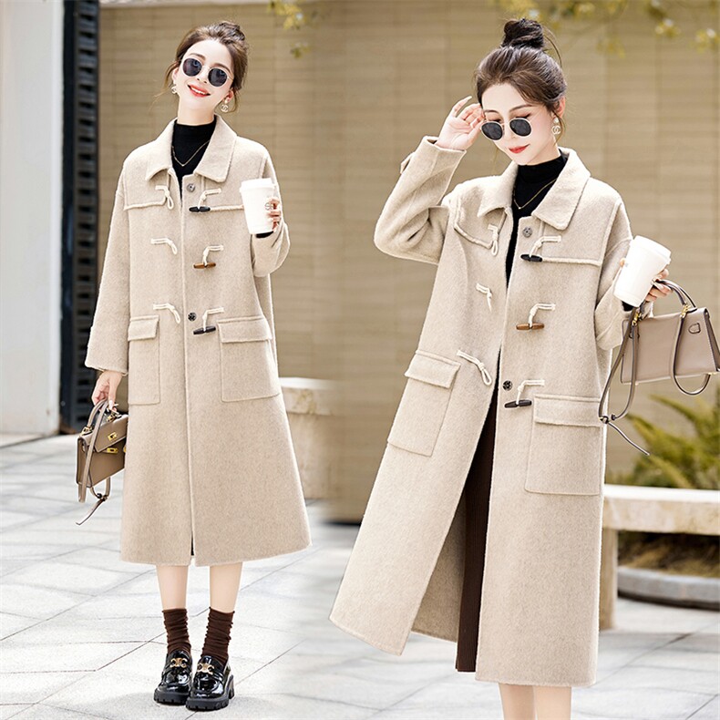现货新款秋冬装2023年韩系牛角扣双面羊绒高级感羊绒长款大衣，女装双面呢大衣，采品优优