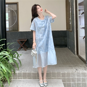 新中式国风提花圆领连衣裙女2025夏季新款小个子宽松气质拼接长裙图片