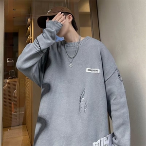 破洞针织衫男涂鸦韩版潮流2024冬季新款ins宽松毛衣MZ595X-P48图片