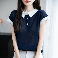 拼色polo领短袖POLO领t恤新款2025年韩系宽松时尚竹节麻小衫上衣，女装针织衫/毛衣，菲奥羊绒