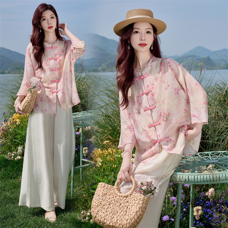 【花语】泡芙定制新款100苎麻42支长袖新中式长袖套装D1250505，女装套装/套裙，水衣源
