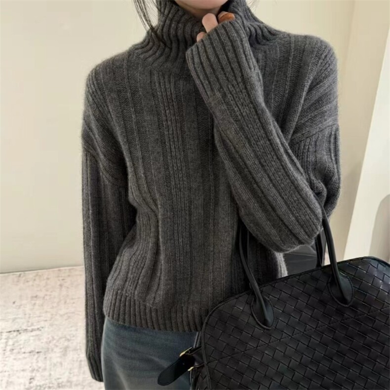 秋冬新款100%纯羊毛衫女高领坑条加厚针织毛衣宽松打底羊绒衫上衣，女装羊毛衫，胜智羊绒