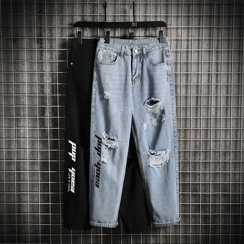 XZ103A-k721-P50-限价78网格日系大码破洞牛仔肥仔,男装牛仔裤,星座103A
