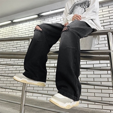 高街水洗复古直筒破洞牛仔裤ins潮流休闲裤子男N0854-P45，男装牛仔裤，星座308B-1