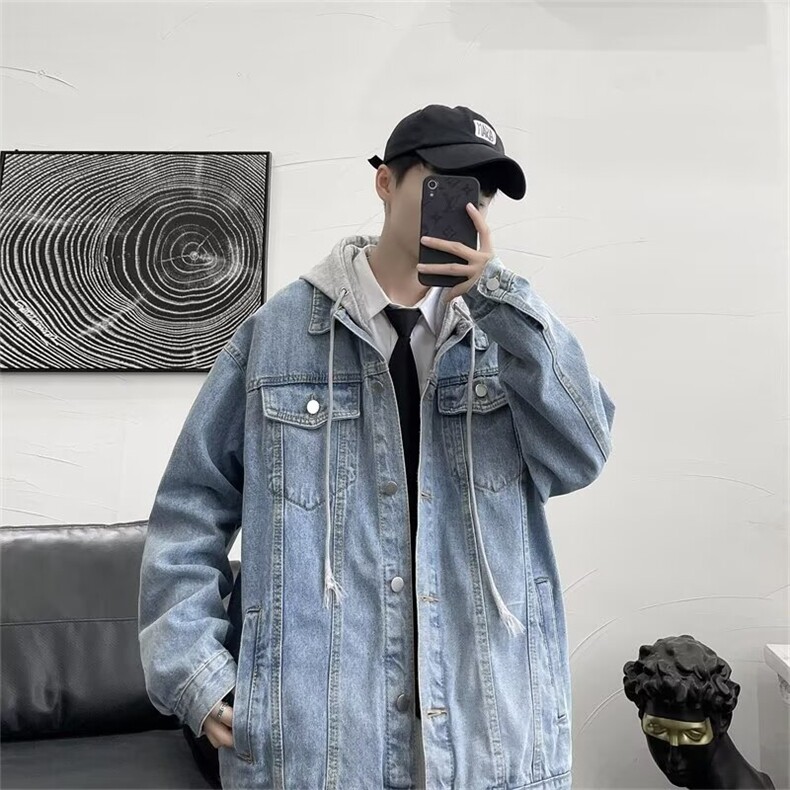 春秋季假两件牛仔外套男潮牌宽松休闲拼接款连帽夹克港风百搭上衣,男装夹克,星座410-7