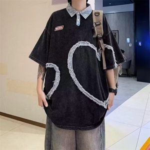 C497P38夏装新款青少年五分袖潮牛仔拼接宽松做旧夏季polo衫情侣图片