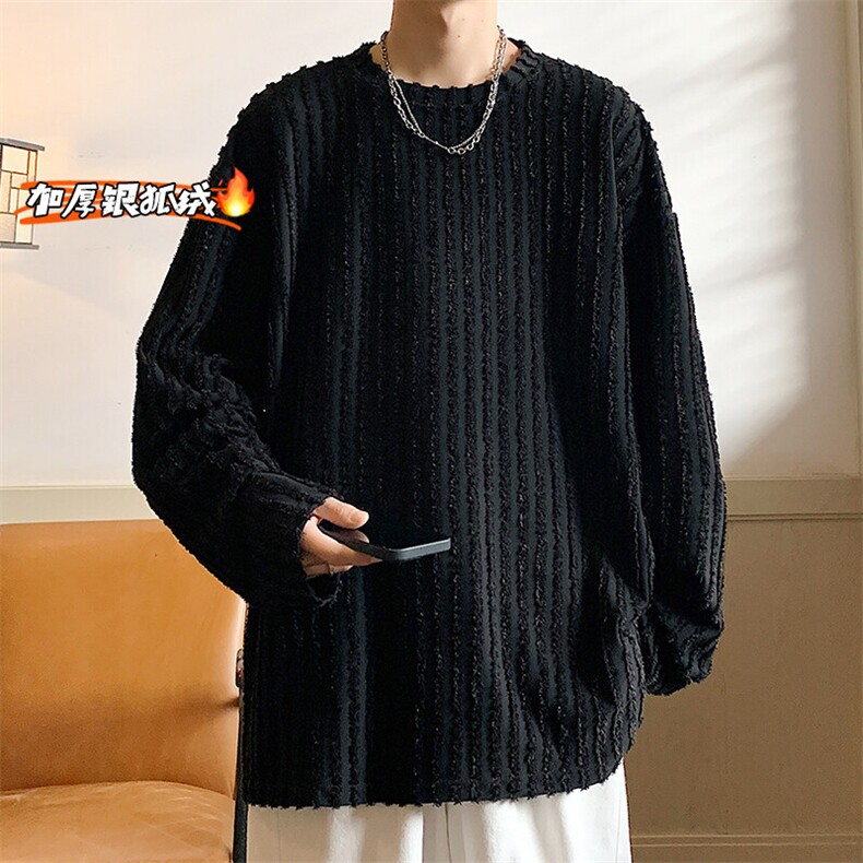 薄款改加绒冬新银狐绒圆领卫衣男宽松加绒加厚上衣W334J加绒-P65,男装T恤,电商A001-1