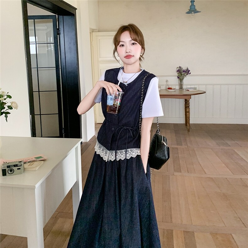 蕾丝拼接收腰牛仔马甲套装女夏季新款休闲显瘦设计感半身裙两件套，女装套装/套裙，维壹