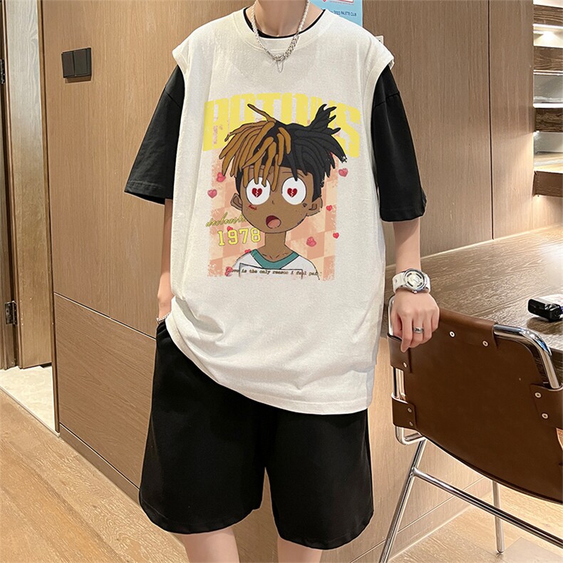 直播品质美式宽松纯棉背心无袖t恤短裤大码两件套套装TZ88-P58,男装T恤,电商A486