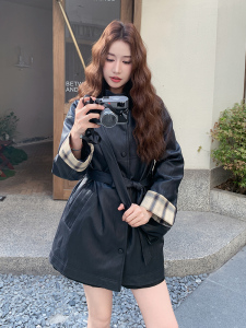 格纹拼接黑色皮衣外套女秋2025新款高级感宽松休闲酷飒风pu皮夹克图片