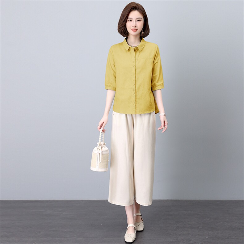 棉麻衬衫套装女2025年夏装新款时尚中年妈妈阔腿裤亚麻减龄两件套,女装套装/套裙,希欧阁