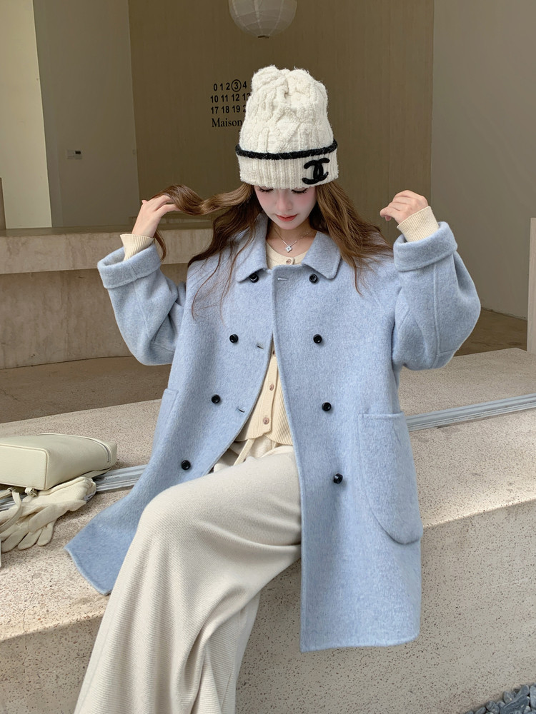蓝色双面羊毛大衣女中长款秋冬新款韩系小个子学院风减龄毛呢外套,女装毛呢外套,韩然一族