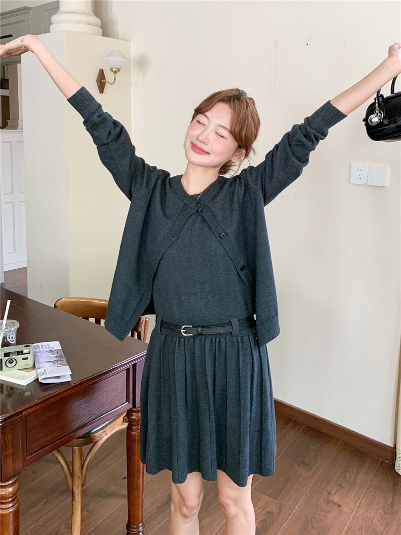 针织开衫+百褶背心连衣裙两件套装2C267-929-P120-K198,女装套装/套裙,茵姿媚