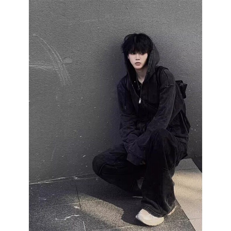 春秋季时尚水洗格雷系休闲运动套装男美式复古vintage潮牌卫衣男,男装休闲裤,星座506A