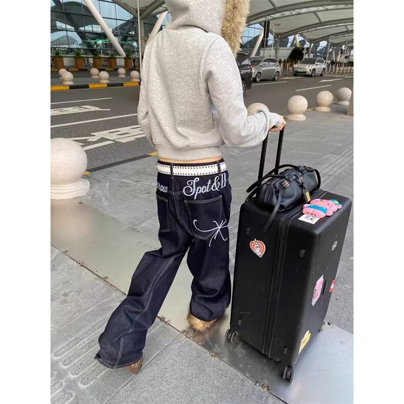 1506/QA5490/P48滑板直筒蜘蛛网刺绣黑工装BigBoy阔腿牛仔长裤,男装工装外套,星座1506