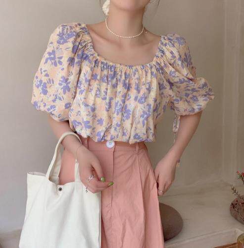 和风碎花一字肩泡泡袖上衣，女装，新袖