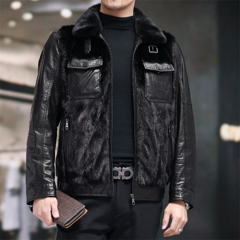 BIJ2506冬季海宁真皮羽绒服男山羊皮夹克翻领时尚男装机车皮衣,男装夹克,电商B360