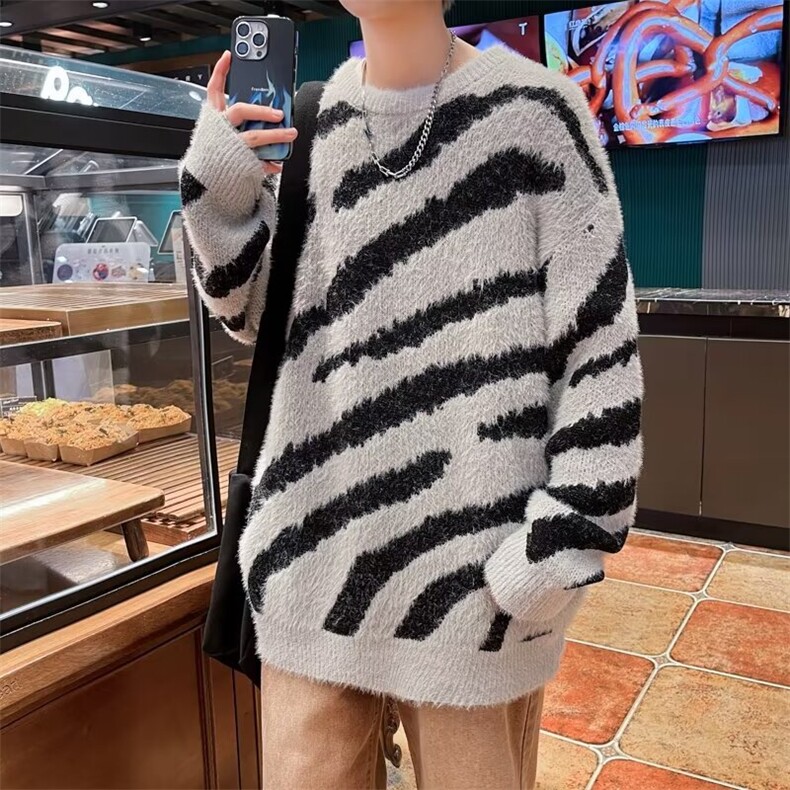 水貂绒斑马纹毛衣男冬季美式复古慵懒风针织衫加厚保暖高级感外套,男装针织衫/毛衣,星座410-6（原星座1304-1）