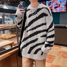 水貂绒斑马纹毛衣男冬季美式复古慵懒风针织衫加厚保暖高级感外套，男装针织衫/毛衣，星座410-6（原星座1304-1）