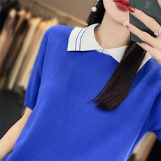 棉麻针织短袖t恤女2025新款Polo翻领休闲高端纯棉薄上衣漂亮小衫，女装针织衫/毛衣，郡淞羊绒