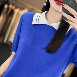 棉麻针织短袖t恤女2025新款Polo翻领休闲高端纯棉薄上衣漂亮小衫图片
