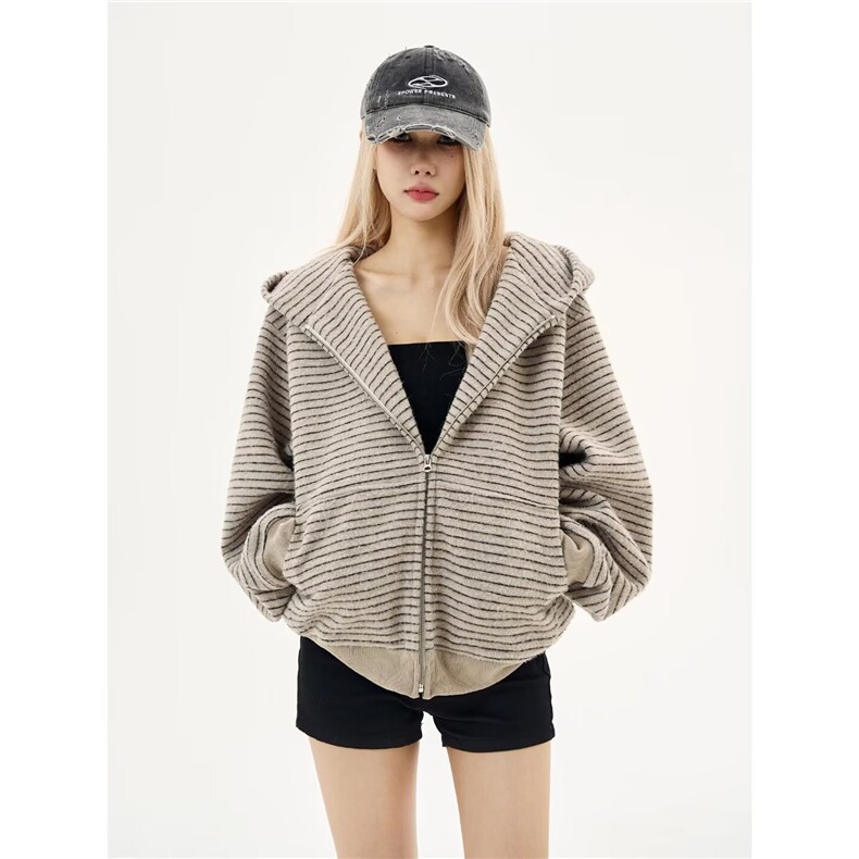 2025连帽卫衣女春秋季韩版宽松初秋小个子条纹开衫外套WB523-P77，女装短外套，星座412-1