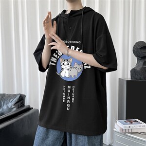 LD54160-P45连帽短袖t恤男大码胖子带帽五分袖中袖