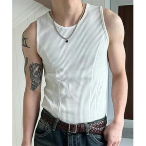 竖条纹拼接无袖汗背心男士夏季休闲个性修身坎肩T恤T186