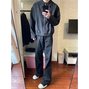 外套男春秋季美式高街褶皱翻领棒球服潮牌飞行员夹克