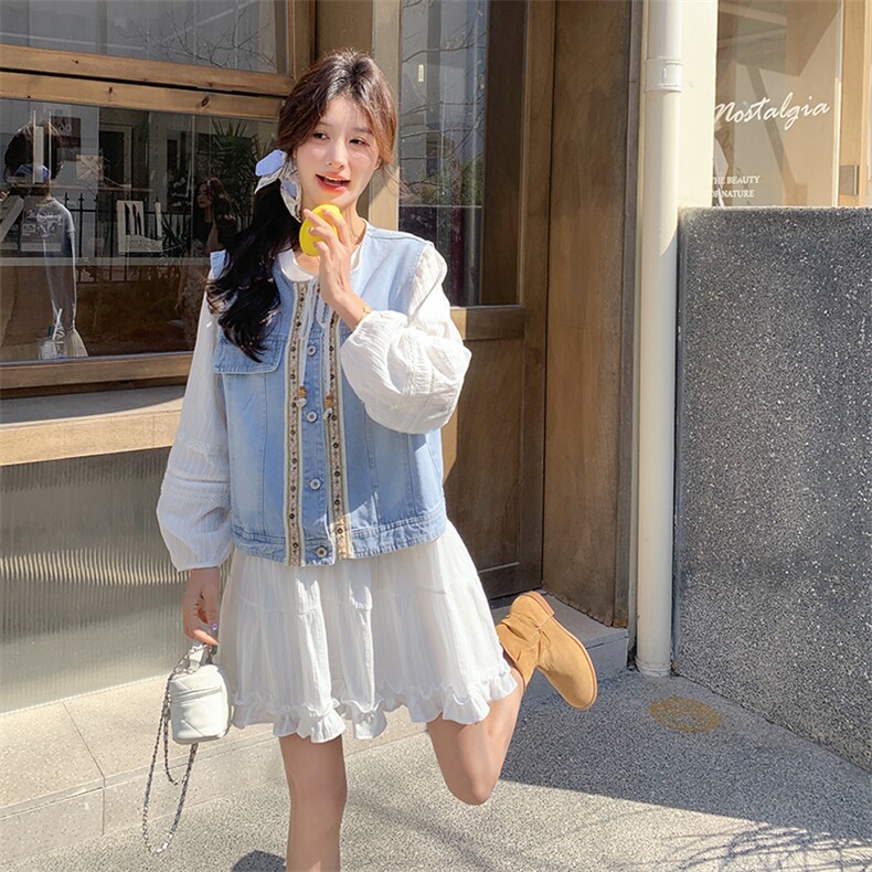 韩系小个子减龄连衣裙套装女2025春新款设计感显瘦牛仔马甲两件套,女装套装/套裙,2C269