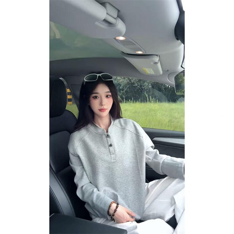 抖音得物品质美式高街重磅曼巴棉拼接cleanfit亨利领卫衣长袖T恤,男装T恤,电商A486