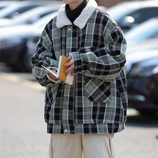 冬季美式复古羊羔毛棉服男2024新款小香风格子棉衣外套W7964-P85，男装棉衣，星座512-4