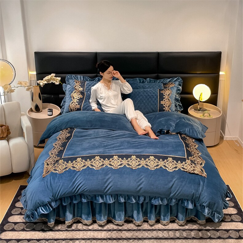 新款锦绣佳人-婴儿绒夹棉欧式蕾丝花边床裙四件套，床品套件，一起卖家纺