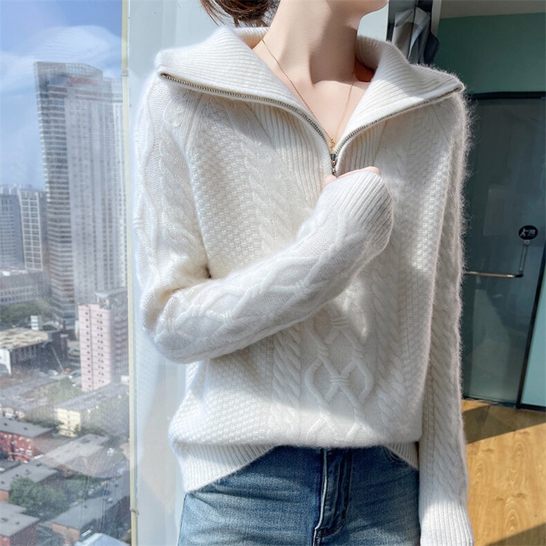 半开领拉链加厚100%纯羊毛衫女菱形扭花针织衫毛衣宽松羊毛衫上衣,女装羊毛衫,美轩羊绒