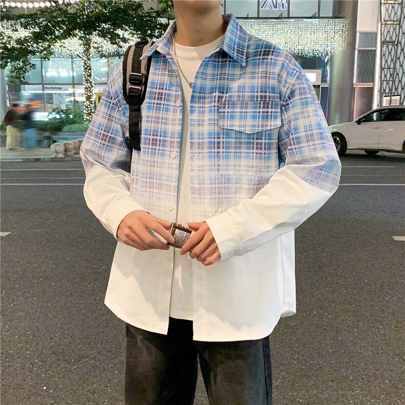 春季新款渐变晕染流动感格纹衬衫C0559-P58,男装衬衫,星座308B-2