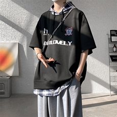现货T10112-特批35控68新款撞色拼接格子假两件连帽短袖T恤，男装T恤，电商A059