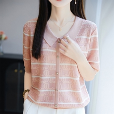 小香风提花翻领短袖t恤女夏新款宽松显瘦百搭气质条纹polo领上衣，女装针织衫/毛衣，郡淞羊绒