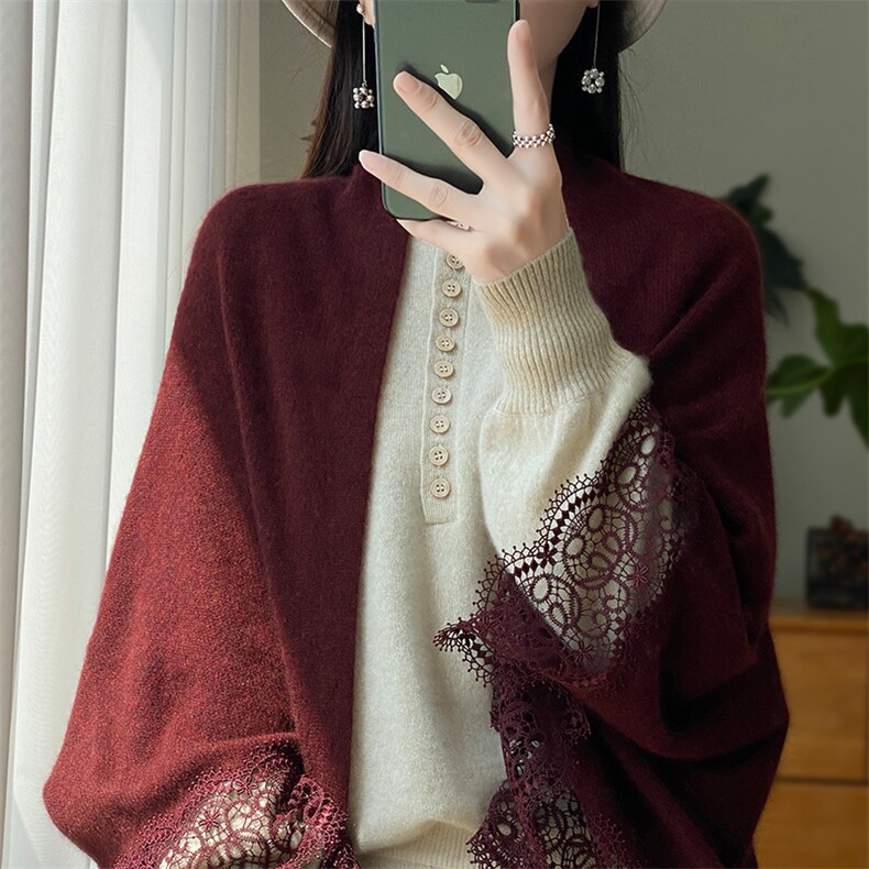 秋冬新款蕾丝花边100%纯羊毛披肩女针织保暖羊绒围巾外搭斗篷开衫,饰品披肩,宋氏羊绒