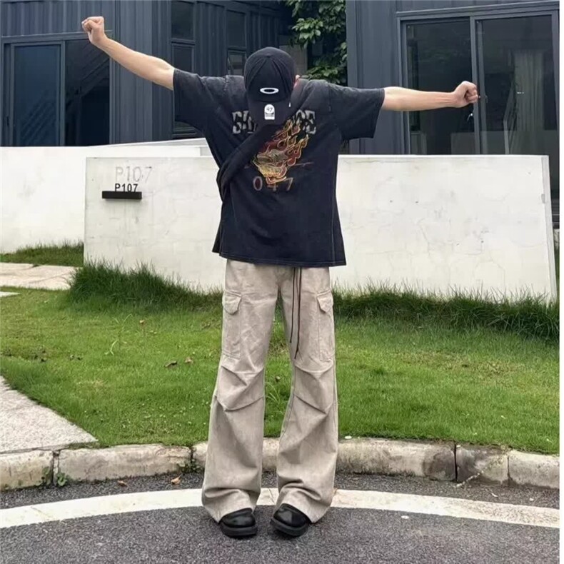 大理石暗纹直筒阔腿休闲裤潮牌高街工装Cargo伞兵裤网K304-P52,男装工装外套,星座1001-1